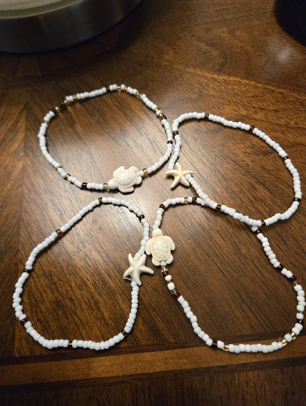 4pcs Beach Glass Rice Bead Anklet Chains Stacked Starfish and Sea Turtle